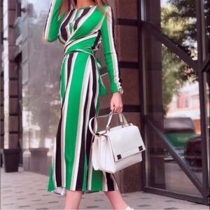 Zara *NEW* Green and Black Striped Long Sleeve Dress